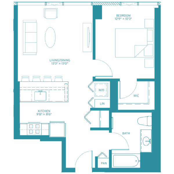 A top-down view of a modern apartment layout.