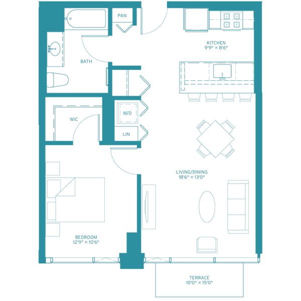 A top-down view of a small apartment with a living room, kitchen, and bathroom.