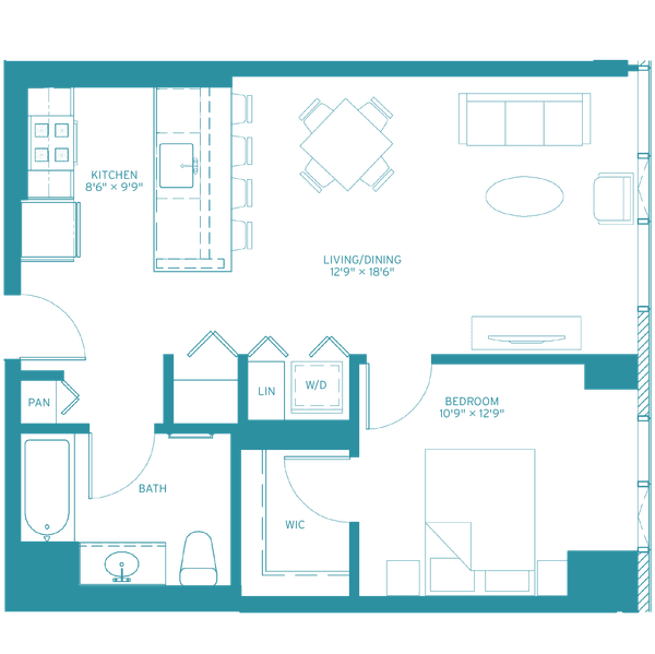 A top-down view of a small apartment with a living room, kitchen, and bathroom.