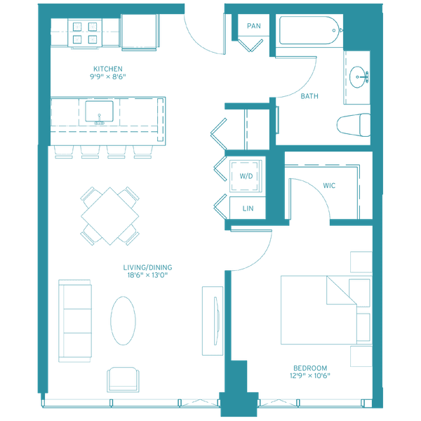 A top-down view of a small apartment with a living room, kitchen, and bathroom.