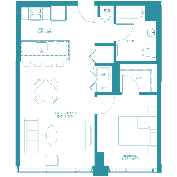 A top-down view of a small apartment with a living room, kitchen, and bathroom.