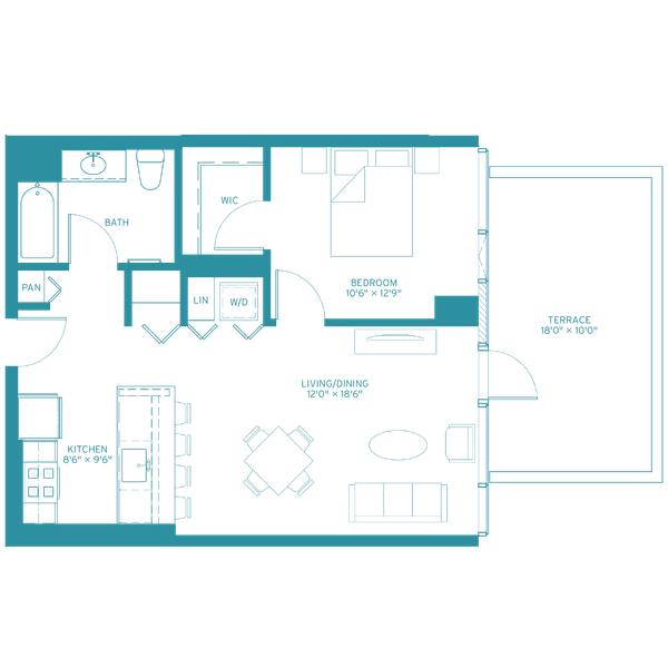 A top-down view of a small apartment with a kitchen, living room, and bathroom.