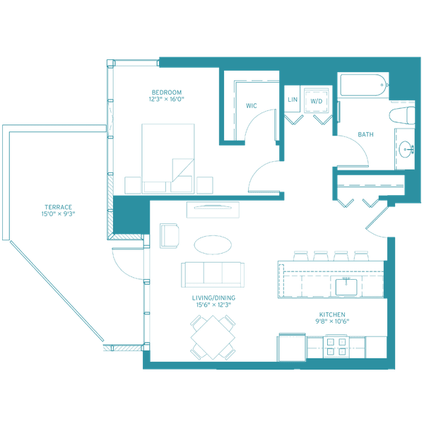 A top-down view of a small apartment with a kitchen, living room, and bathroom.